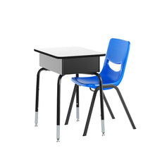 Desk with Open Front Metal Book Box, Gray Desktop, Navy Stack Chair