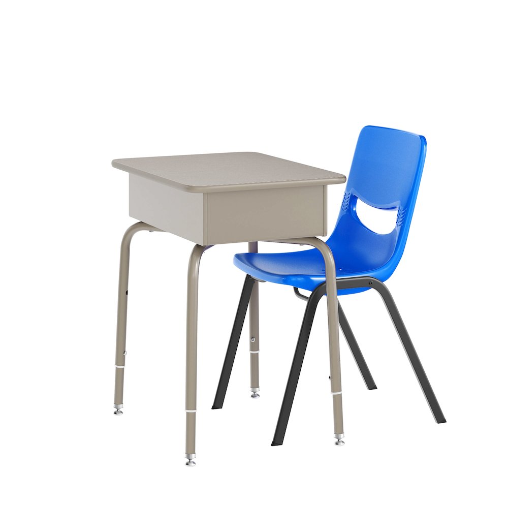 Desk with Open Front Metal Book Box, Gray Granite Desktop,  Navy Stack Chair