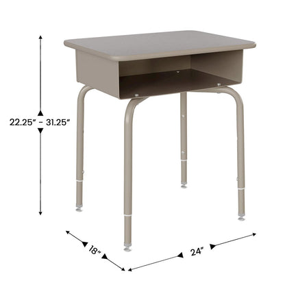 Desk with Open Front Metal Book Box, Gray Granite Desktop,  Navy Stack Chair