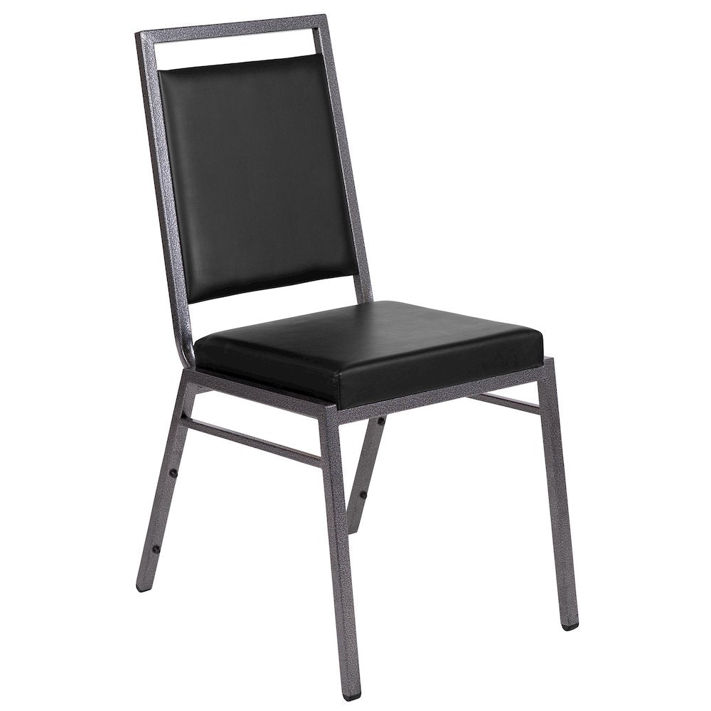 Square Back Stacking Banquet Chair in Black Vinyl with Silvervein Frame