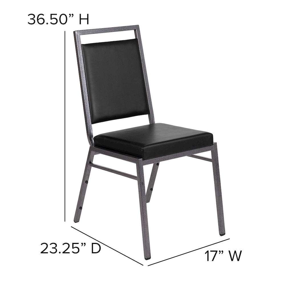 Square Back Stacking Banquet Chair in Black Vinyl with Silvervein Frame