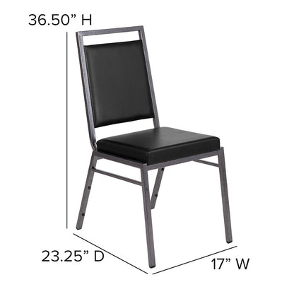 Square Back Stacking Banquet Chair in Black Vinyl with Silvervein Frame