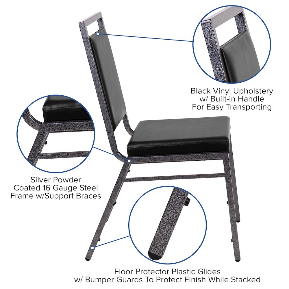 Square Back Stacking Banquet Chair in Black Vinyl with Silvervein Frame