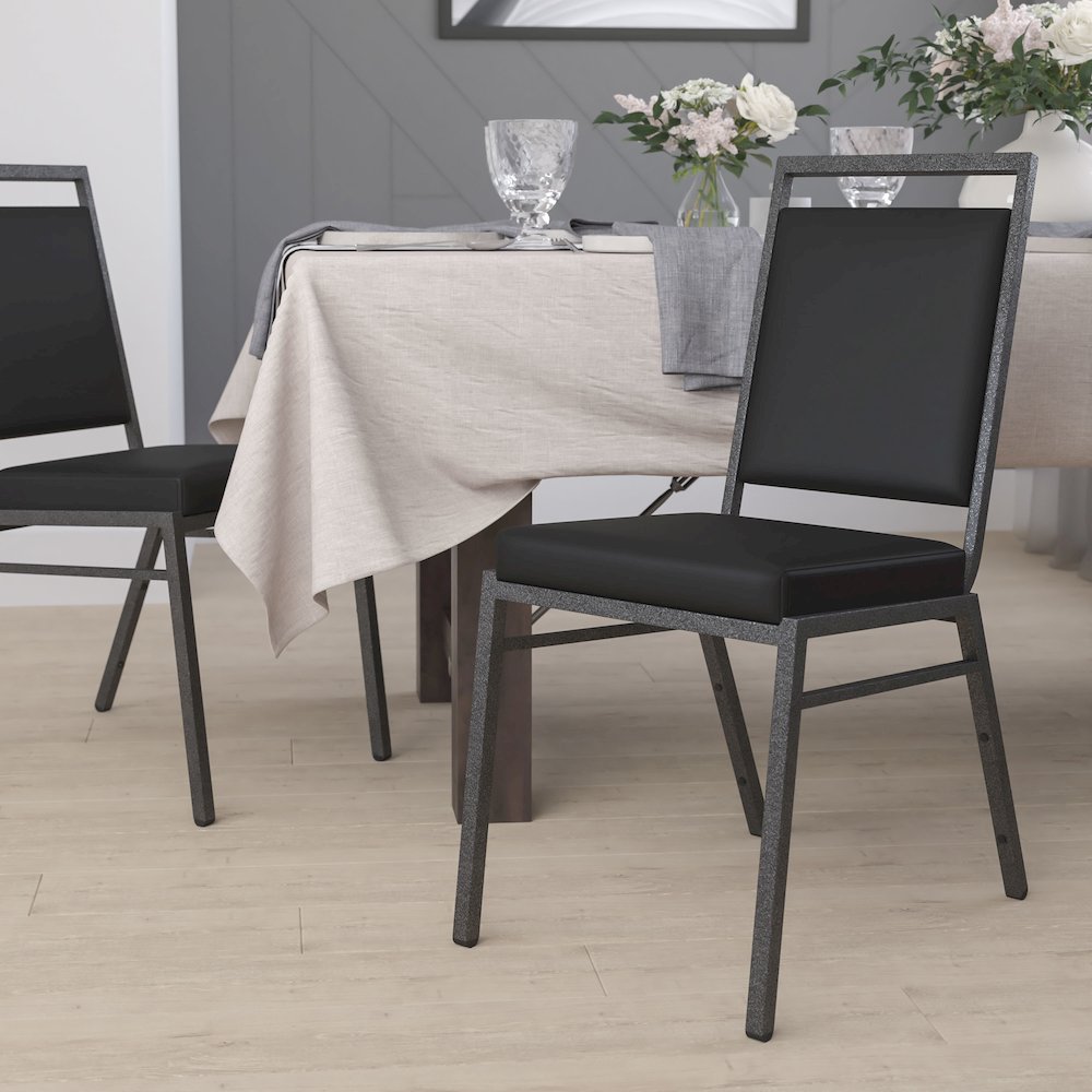 Square Back Stacking Banquet Chair in Black Vinyl with Silvervein Frame