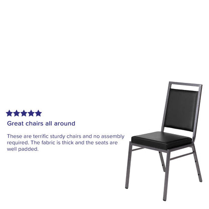 Square Back Stacking Banquet Chair in Black Vinyl with Silvervein Frame