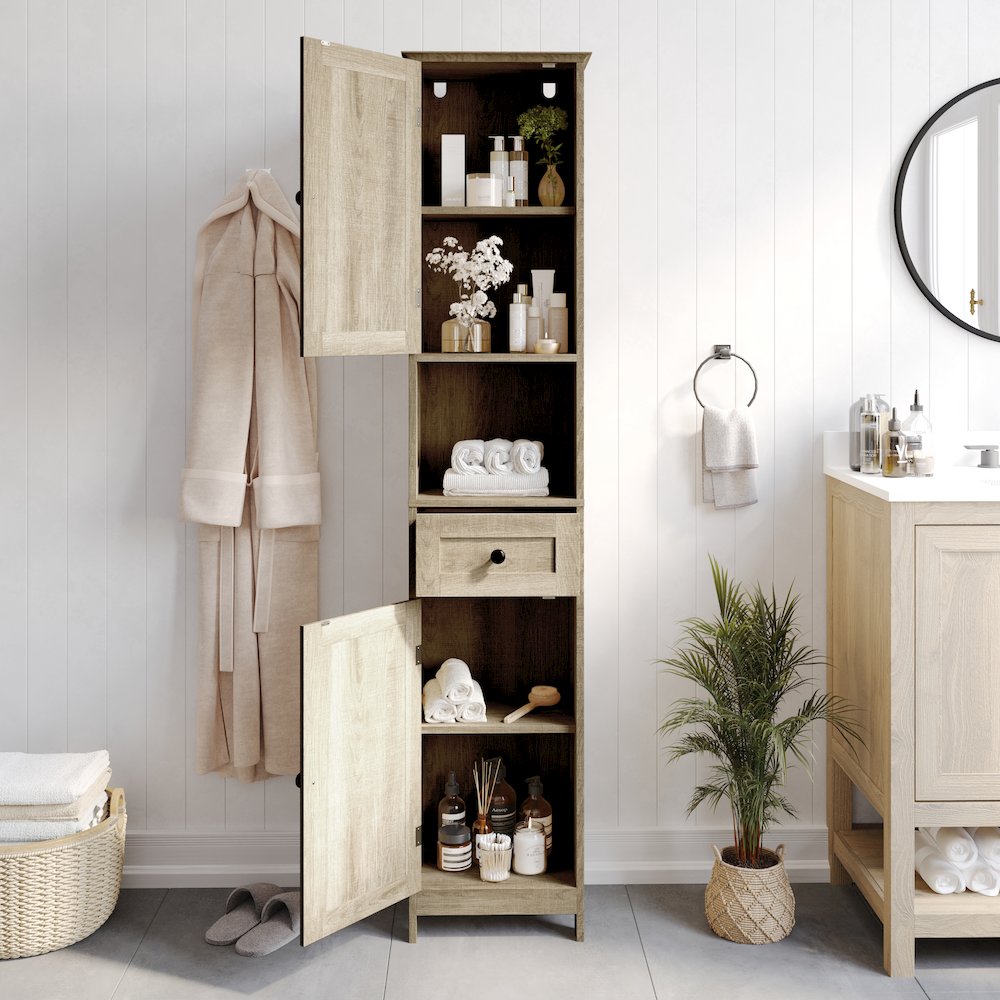 Farmhouse Tall Linen Tower Storage Cabinet, Brown