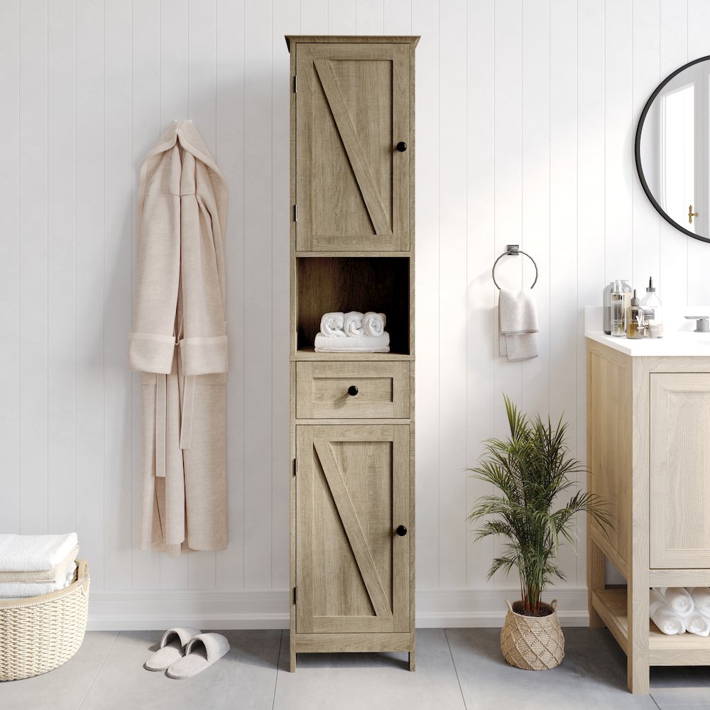 Farmhouse Tall Linen Tower Storage Cabinet, Brown