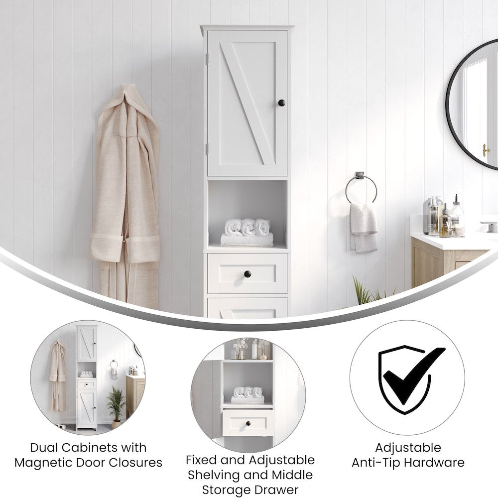 Farmhouse Tall Linen Tower Storage Cabinet, White