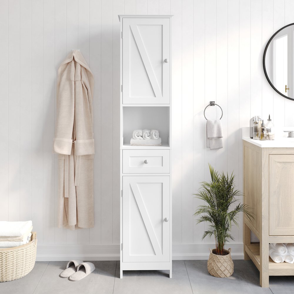 Farmhouse Tall Linen Tower Storage Cabinet, White