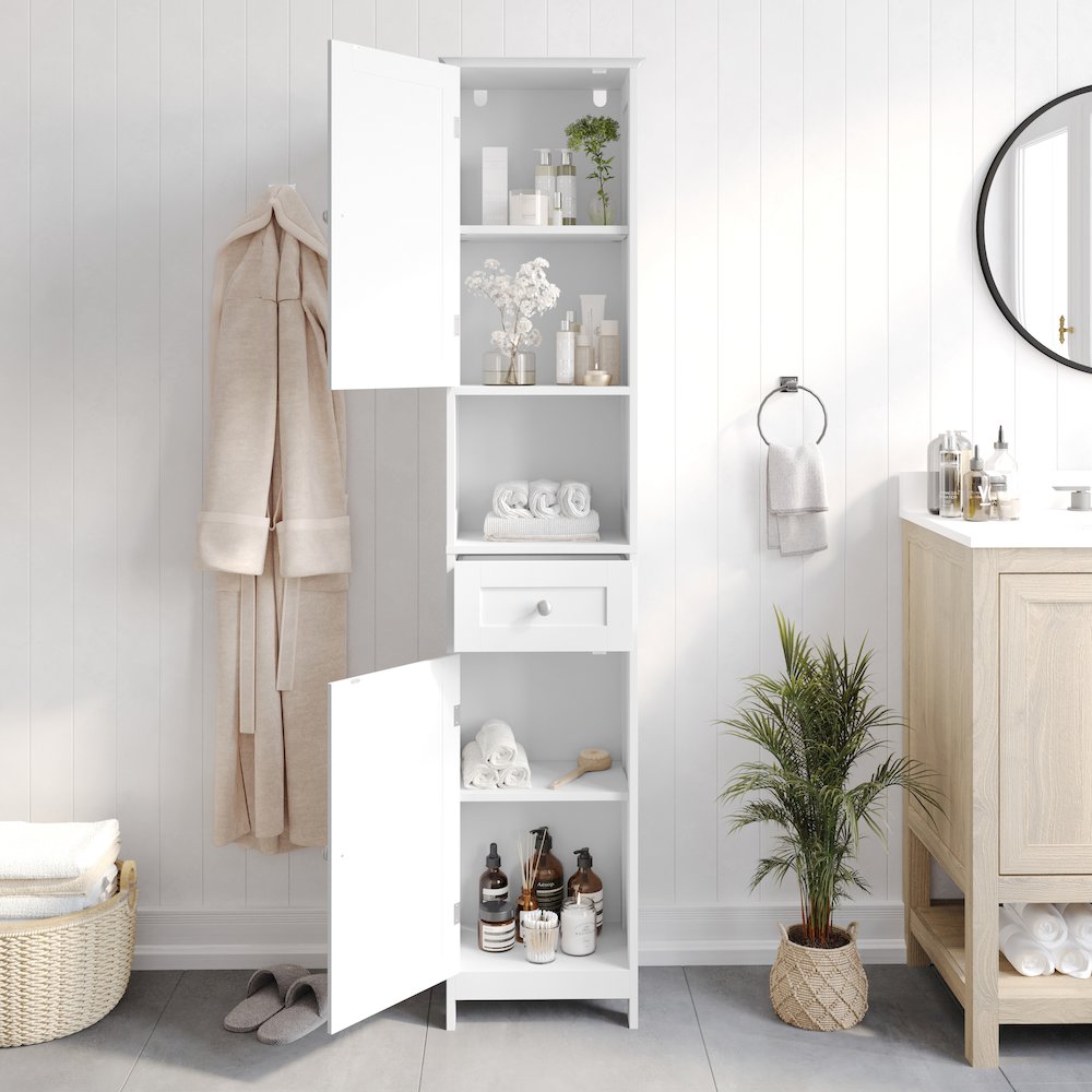Farmhouse Tall Linen Tower Storage Cabinet, White