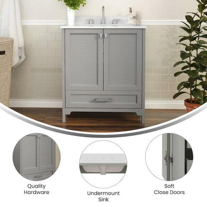 30in Bathroom Vanity with Sink, Storage Cabinet with Soft Close Doors, Gray