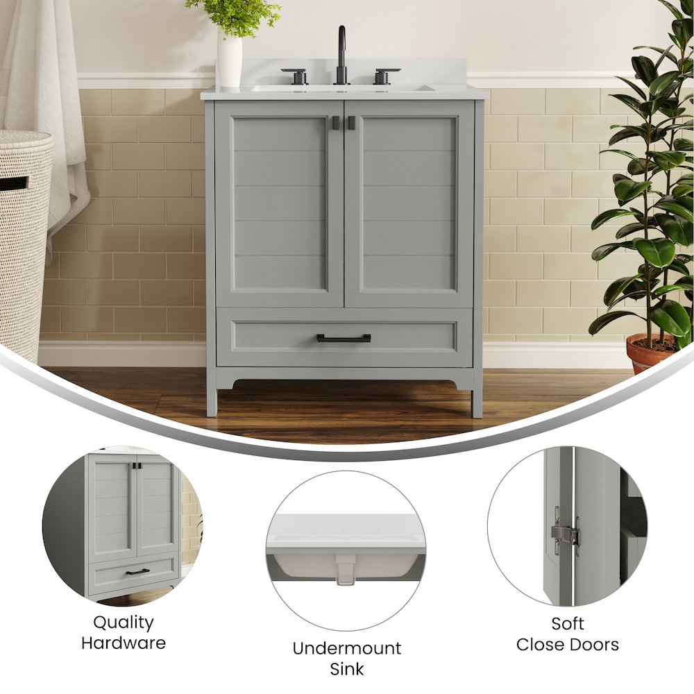 Haven 30" Bathroom Vanity with Sink, Storage Cabinet with Black Hardware, Gray