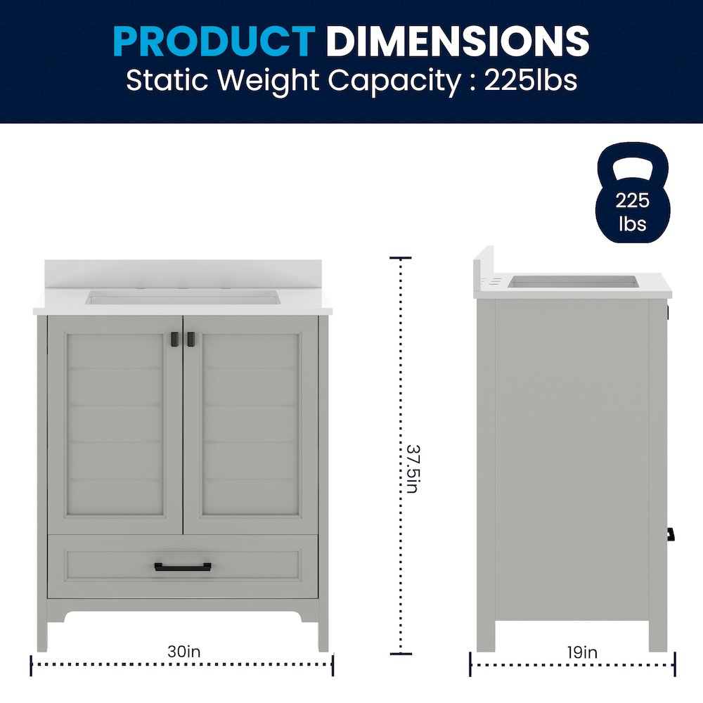 Haven 30" Bathroom Vanity with Sink, Storage Cabinet with Black Hardware, Gray