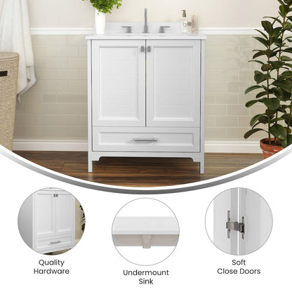 30in Bathroom Vanity with Sink, Storage Cabinet with Soft Close Doors, White