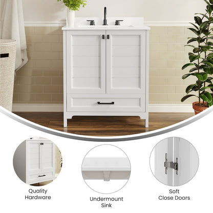 Haven 30" Bathroom Vanity with Sink, Storage Cabinet with Black Hardware, White
