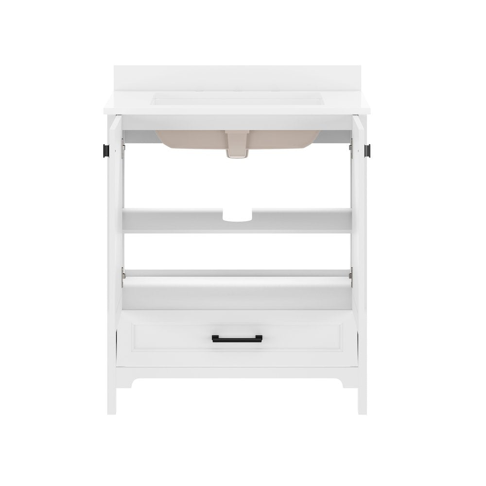 Haven 30" Bathroom Vanity with Sink, Storage Cabinet with Black Hardware, White