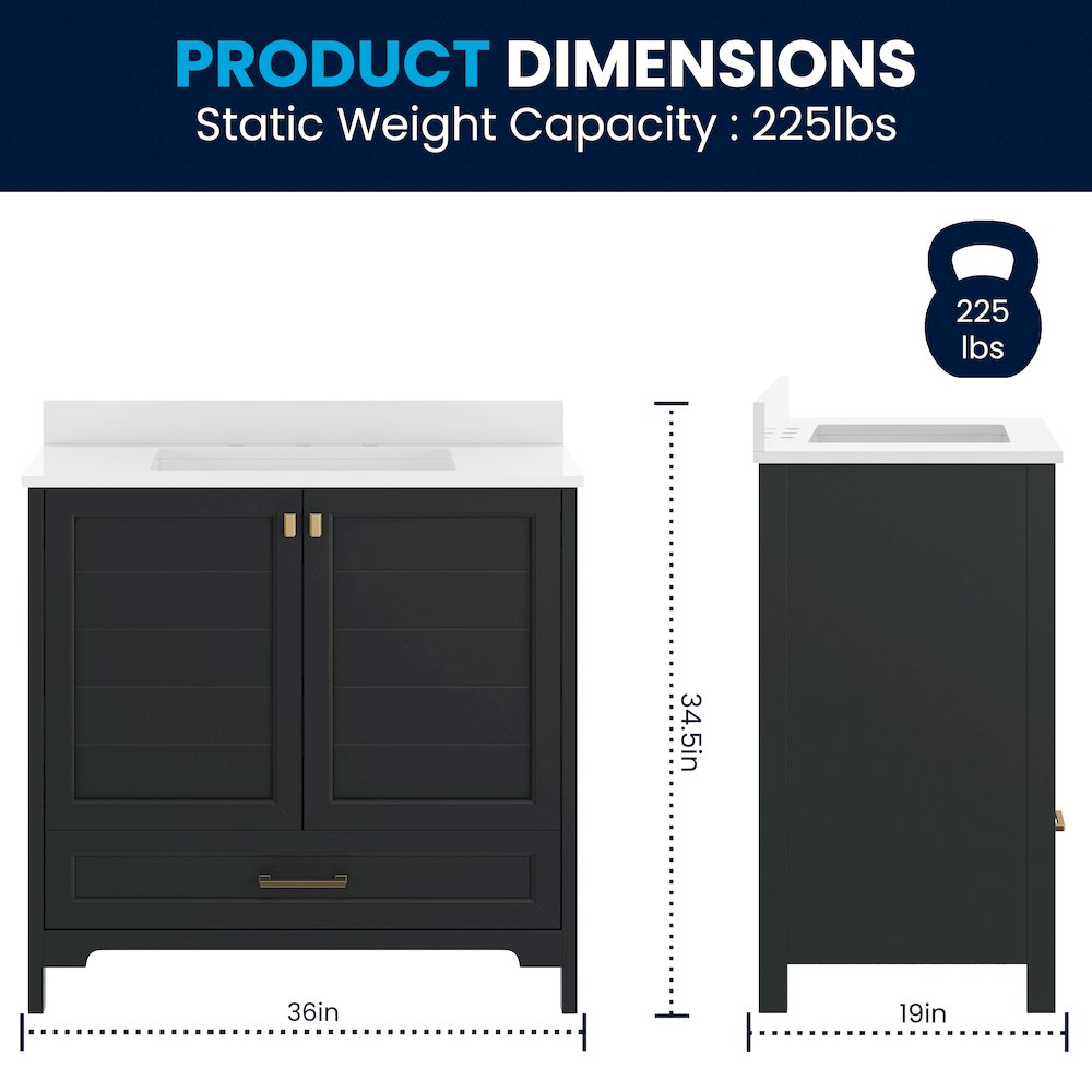 Haven 36" Bathroom Vanity with Sink, Storage Cabinet with Gold Hardware, Black