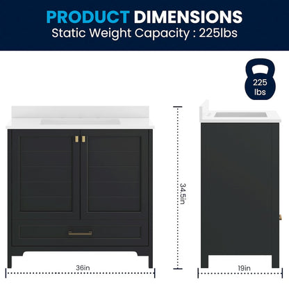 Haven 36" Bathroom Vanity with Sink, Storage Cabinet with Gold Hardware, Black