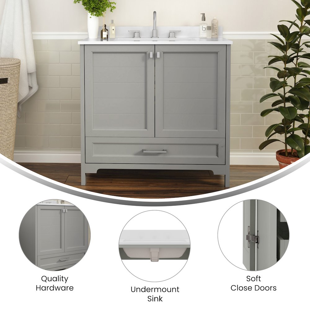 36in Bathroom Vanity with Sink, Storage Cabinet with Soft Close Doors, Gray