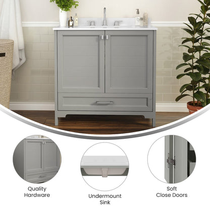 36in Bathroom Vanity with Sink, Storage Cabinet with Soft Close Doors, Gray