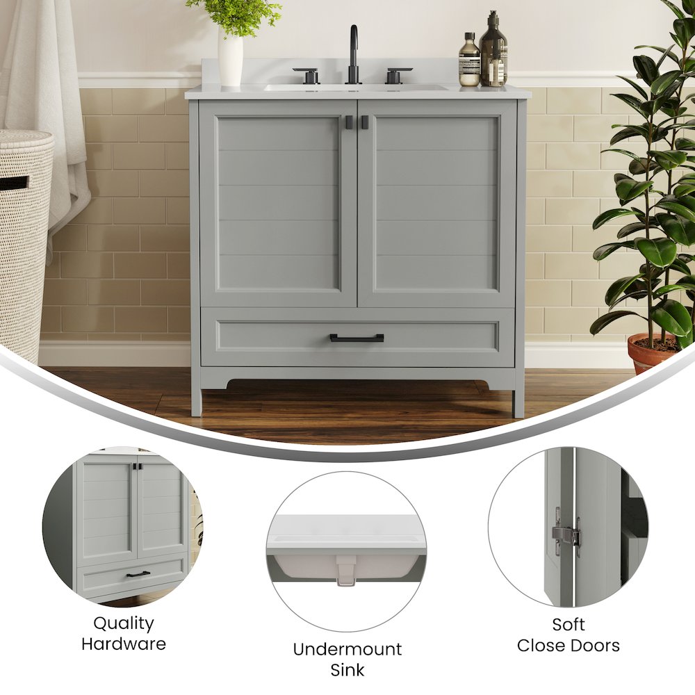 Haven 36" Bathroom Vanity with Sink, Storage Cabinet with Black Hardware, Gray