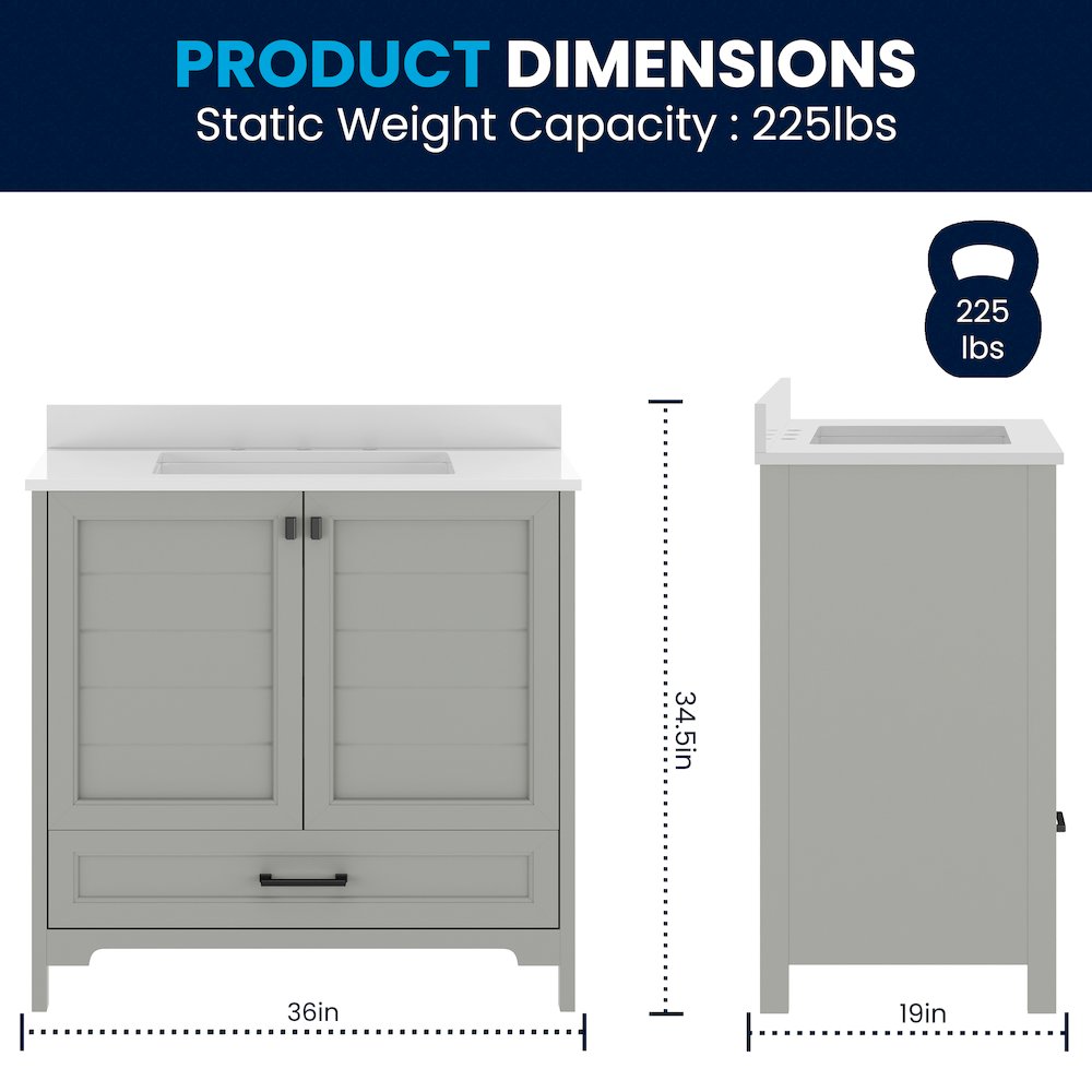 Haven 36" Bathroom Vanity with Sink, Storage Cabinet with Black Hardware, Gray