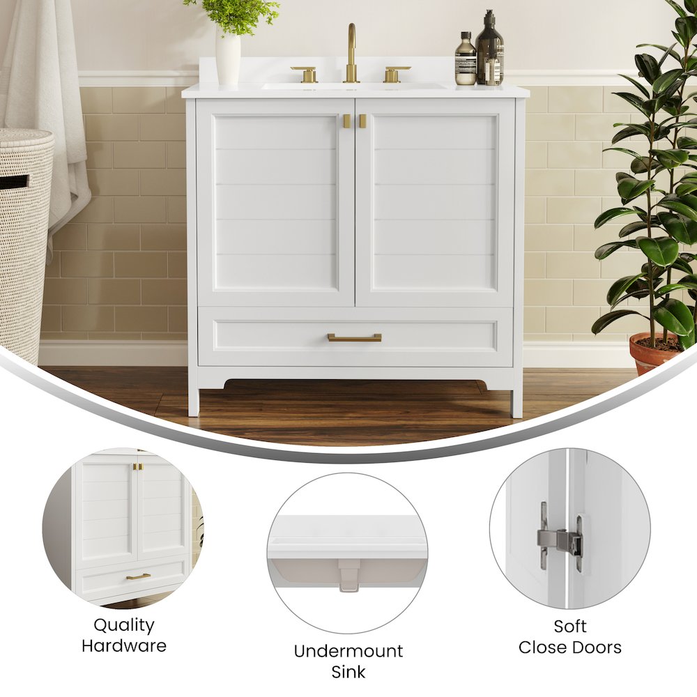 Haven 36" Bathroom Vanity with Sink, Storage Cabinet with Gold Hardware, White