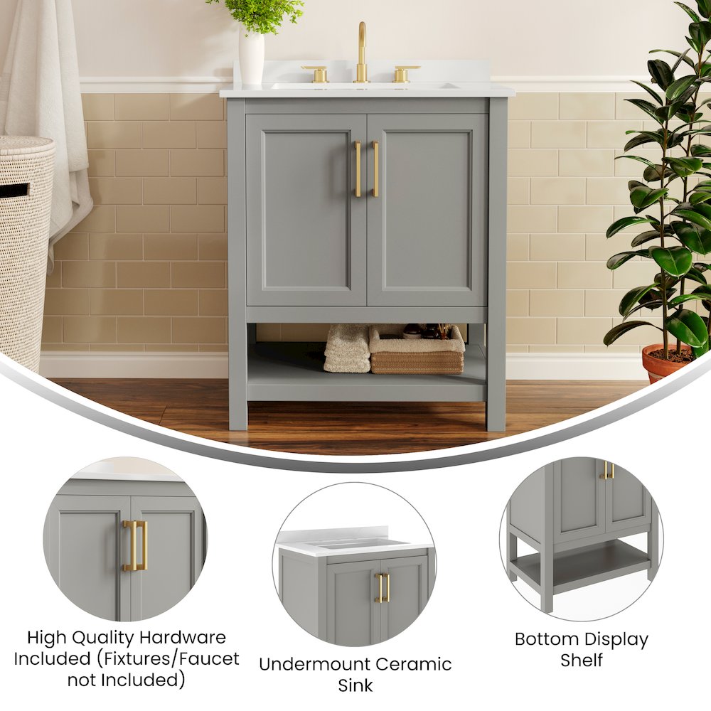 Vega 30" Bathroom Vanity with Sink, Soft Close Doors & Open Shelf, Gray/White