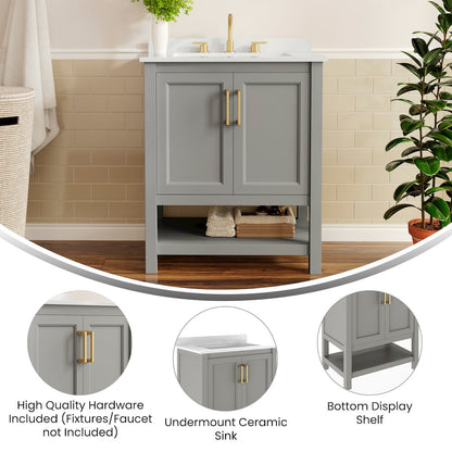 Vega 30" Bathroom Vanity with Sink, Soft Close Doors & Open Shelf, Gray/White