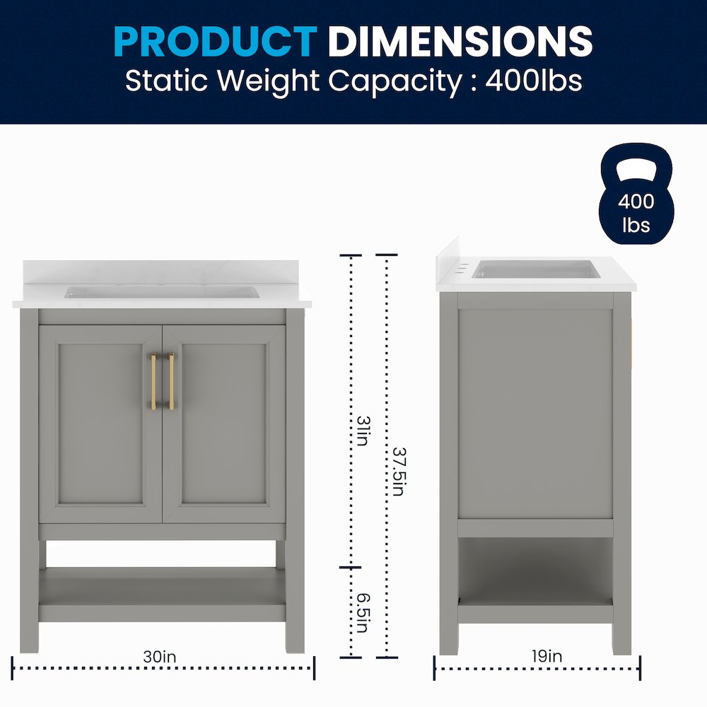 Vega 30" Bathroom Vanity with Sink, Soft Close Doors & Open Shelf, Gray/White