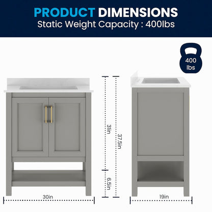 Vega 30" Bathroom Vanity with Sink, Soft Close Doors & Open Shelf, Gray/White