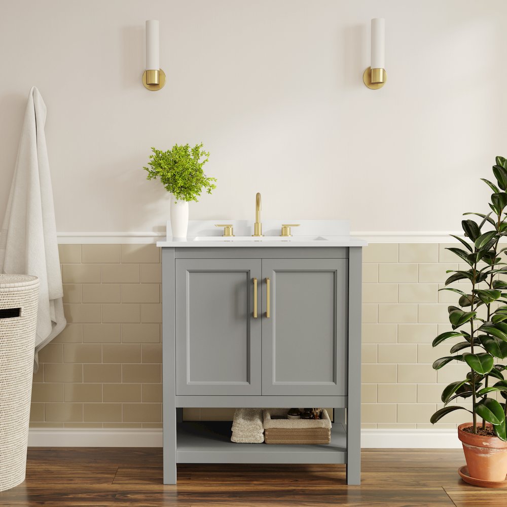 Vega 30" Bathroom Vanity with Sink, Soft Close Doors & Open Shelf, Gray/White