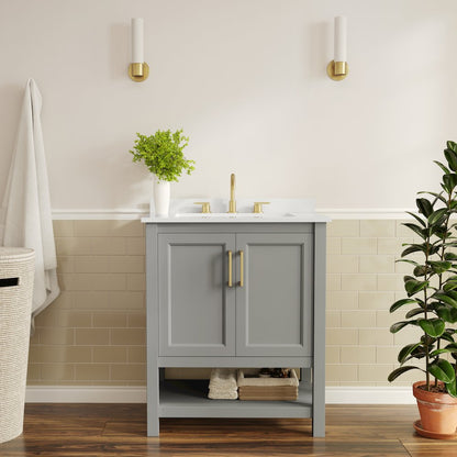 Vega 30" Bathroom Vanity with Sink, Soft Close Doors & Open Shelf, Gray/White