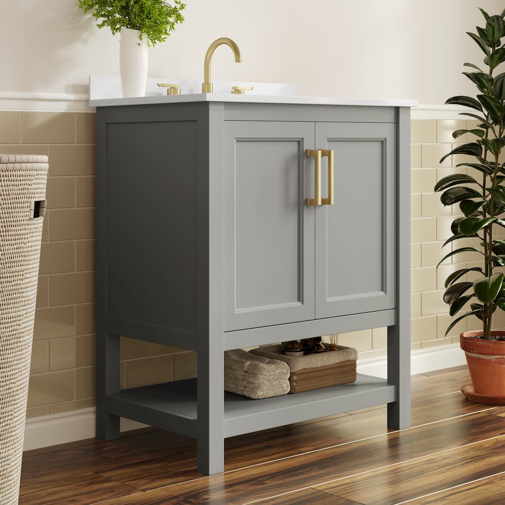 Vega 30" Bathroom Vanity with Sink, Soft Close Doors & Open Shelf, Gray/White