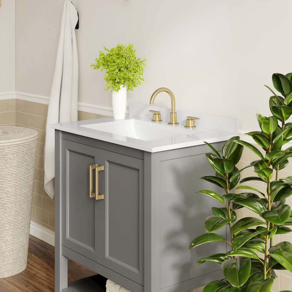 Vega 30" Bathroom Vanity with Sink, Soft Close Doors & Open Shelf, Gray/White