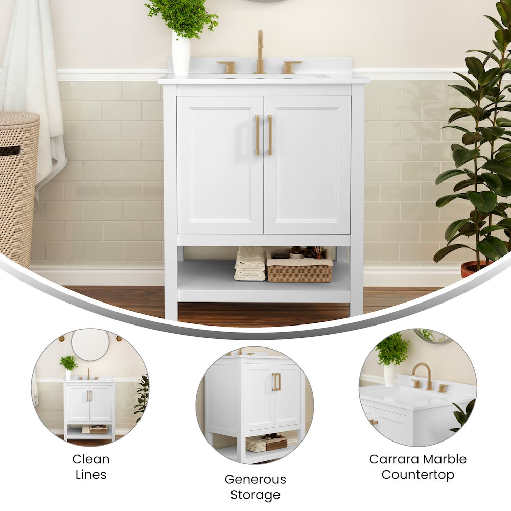 30 Inch Contemporary Bathroom Vanity with Sink Combo, White Frame/Gold Hardware