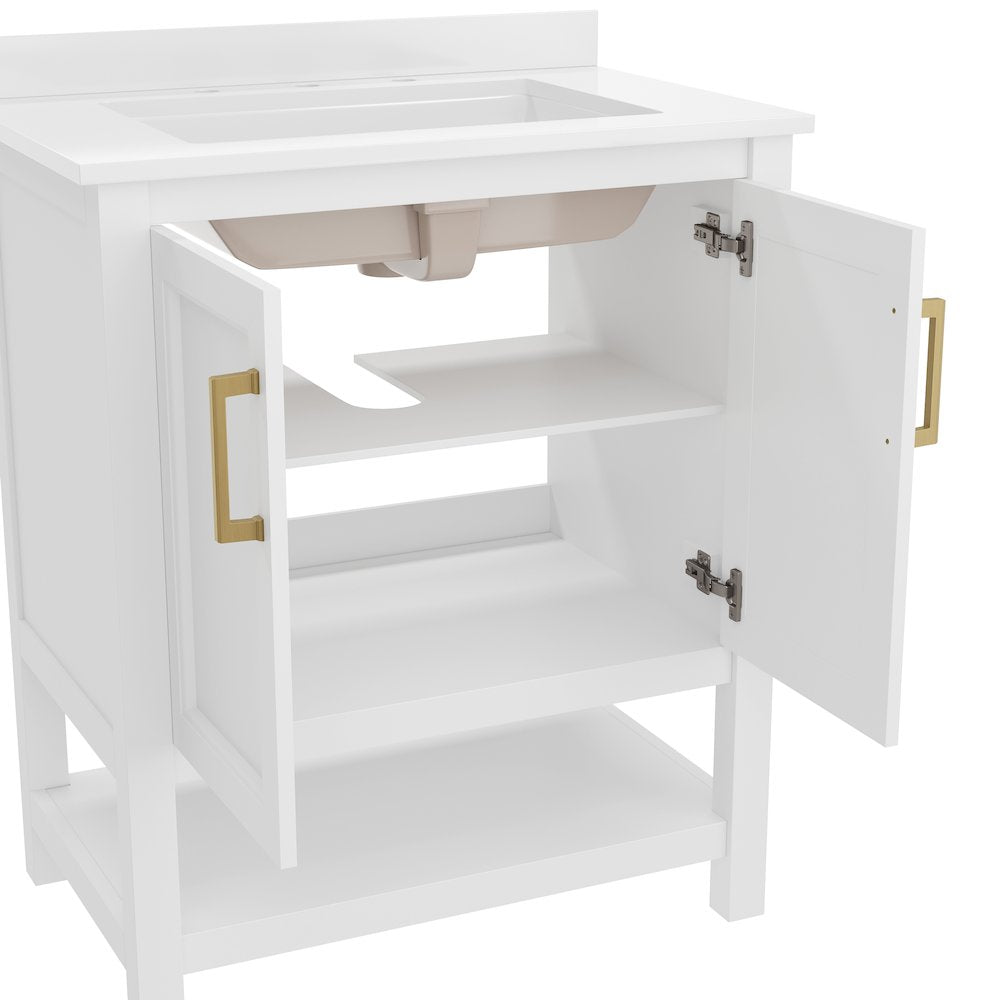30 Inch Contemporary Bathroom Vanity with Sink Combo, White Frame/Gold Hardware