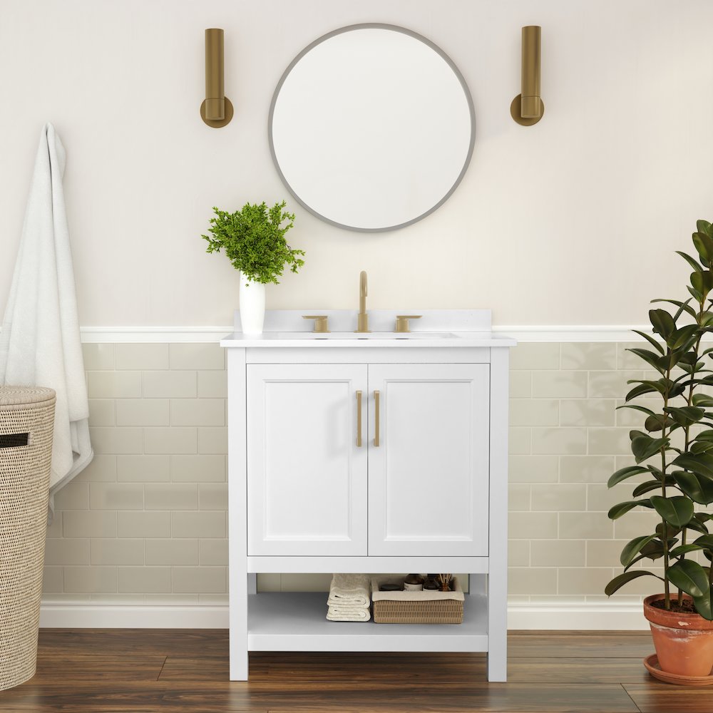 30 Inch Contemporary Bathroom Vanity with Sink Combo, White Frame/Gold Hardware