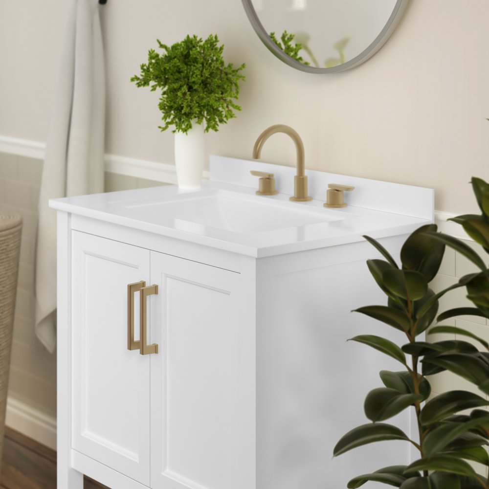 30 Inch Contemporary Bathroom Vanity with Sink Combo, White Frame/Gold Hardware