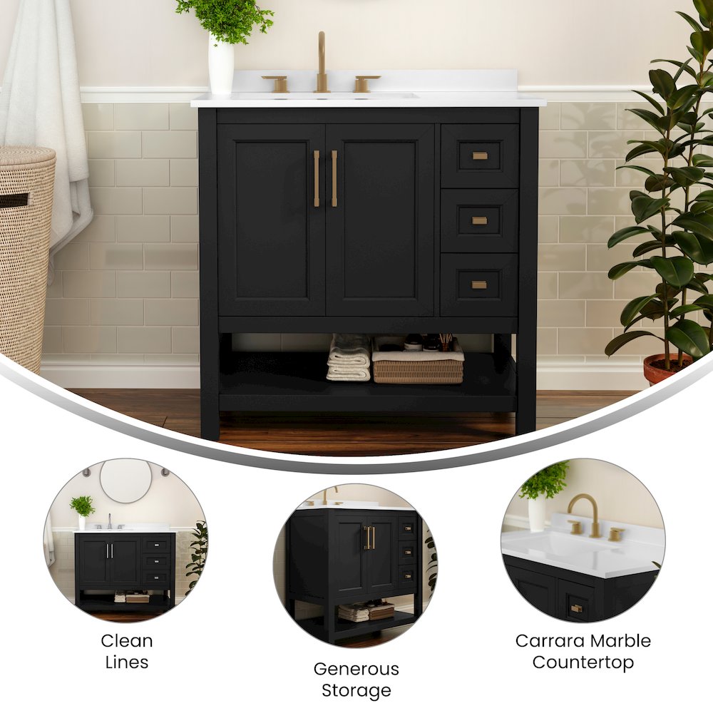 36in Bathroom Vanity with Storage Drawers and Sink Combo, Black Frame