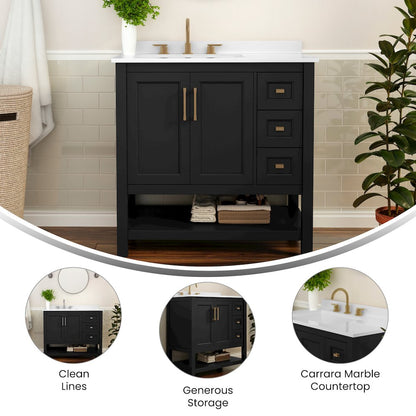 36in Bathroom Vanity with Storage Drawers and Sink Combo, Black Frame