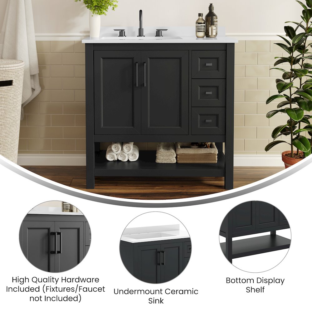 Vega 36" Bathroom Vanity with Sink, Cabinet with Black Hardware, Black/White