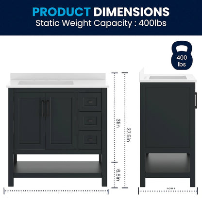 Vega 36" Bathroom Vanity with Sink, Cabinet with Black Hardware, Black/White