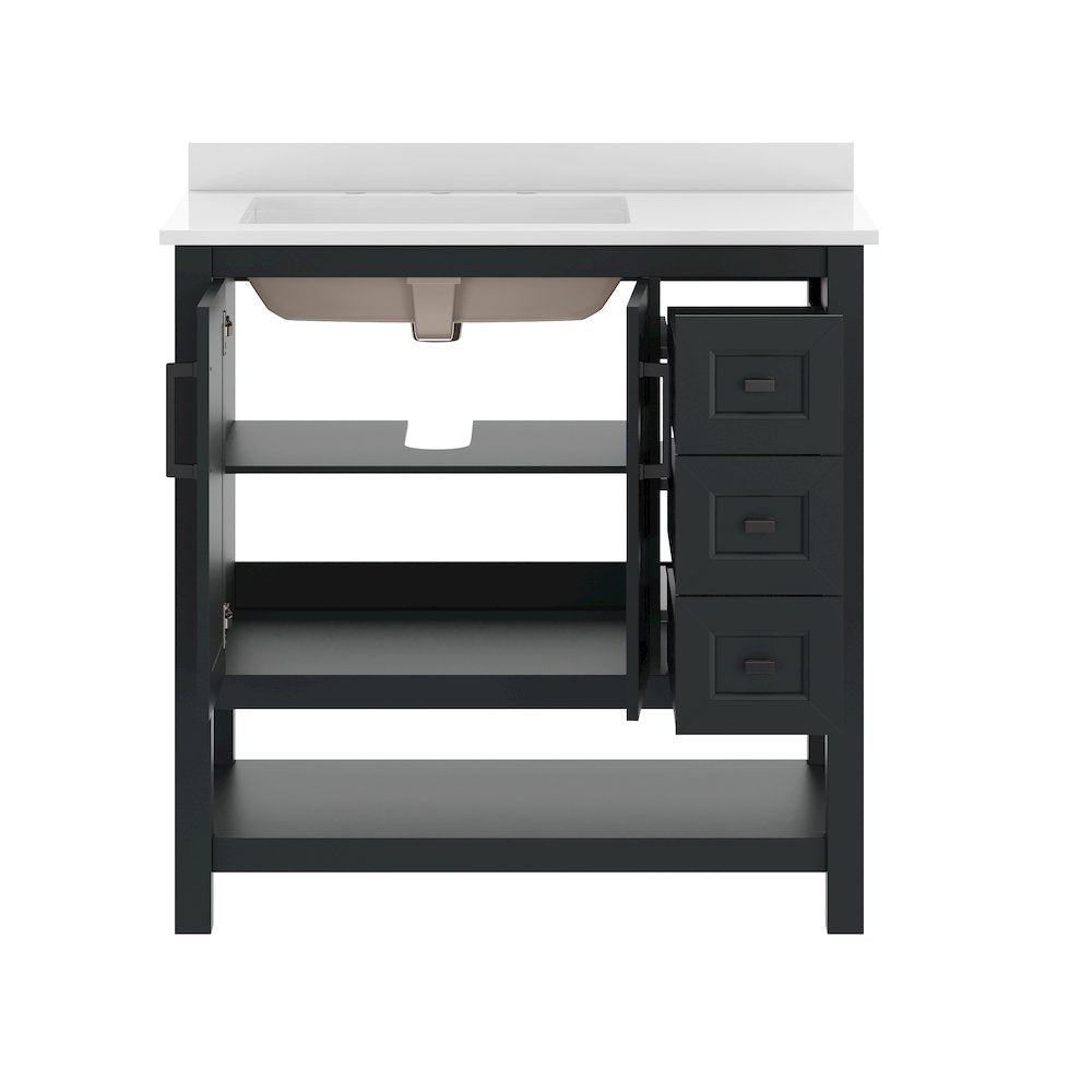 Vega 36" Bathroom Vanity with Sink, Cabinet with Black Hardware, Black/White