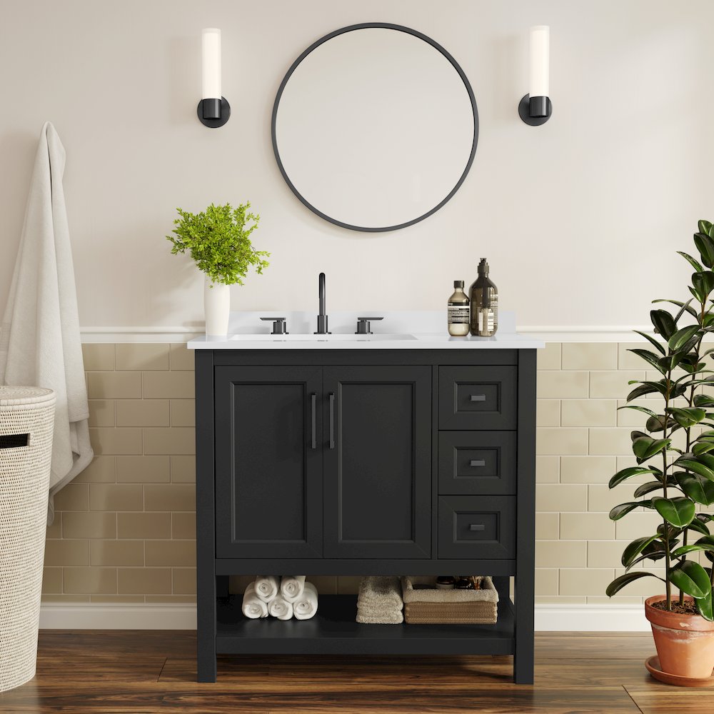 Vega 36" Bathroom Vanity with Sink, Cabinet with Black Hardware, Black/White