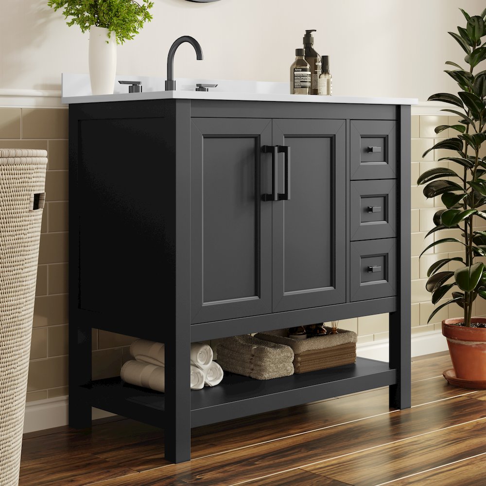 Vega 36" Bathroom Vanity with Sink, Cabinet with Black Hardware, Black/White