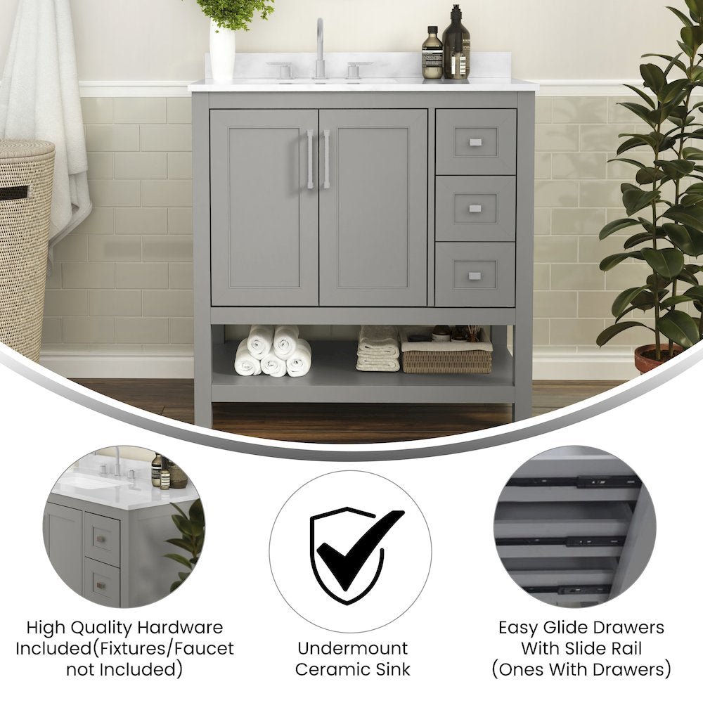 36 Inch Contemporary Bathroom Vanity with Storage Drawers and Sink Combo