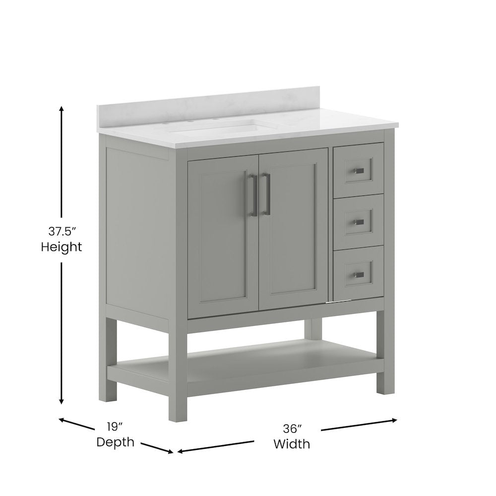 36 Inch Contemporary Bathroom Vanity with Storage Drawers and Sink Combo