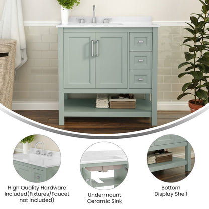 36in Bathroom Vanity with Storage Drawers and Sink Combo, Sage Frame