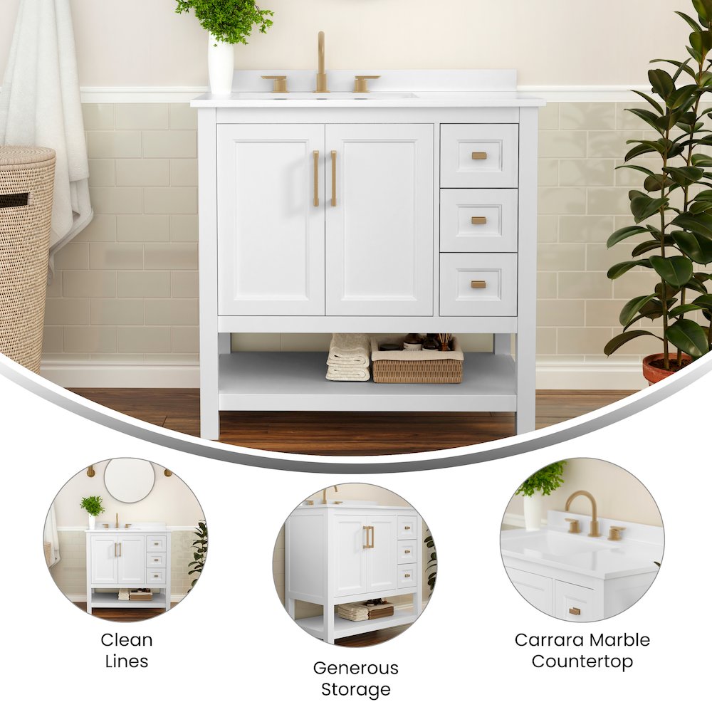 36in Bathroom Vanity with Storage Drawers and Sink Combo, White Frame